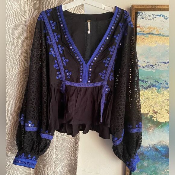 Free People Boogie All Night Blouse Black Blue Long Sleeve Lace Embroidery Sz SP - Picture 5 of 17